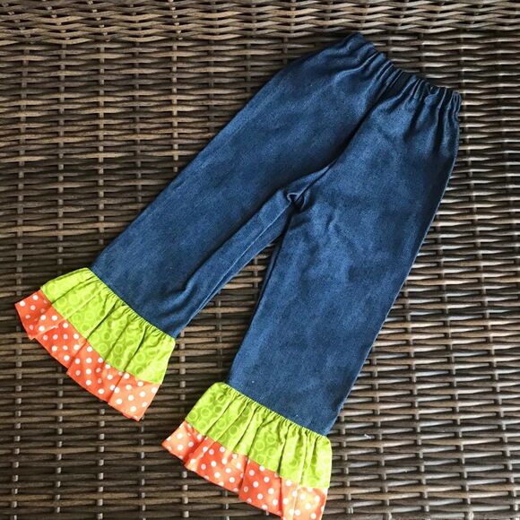 Girls Hand Made Jeans Size 3 4 Pumpkin Ruffle Blue Orange Green Handmade - Picture 3 of 6